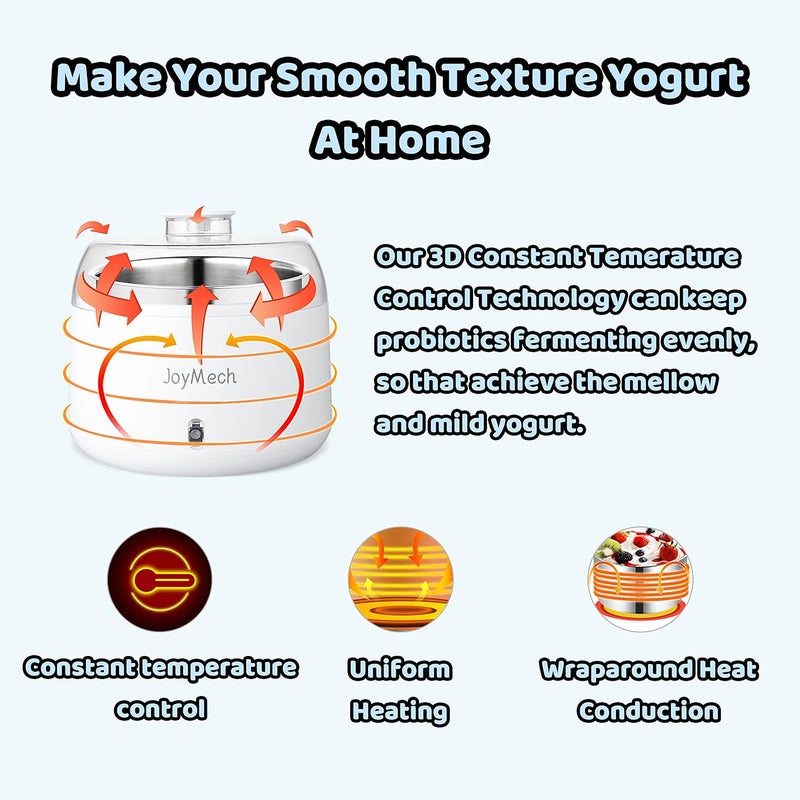 JoyMech Yogurt Maker, Compact Greek Yogurt Maker Machine with Constant Temperature Control, Stainless Steel Container, 1 Quart for Home Organic Yogurt - Image 3